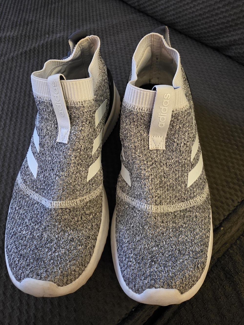 adidas Kids Gray Knit Slip-On Sneakers with White Stripes